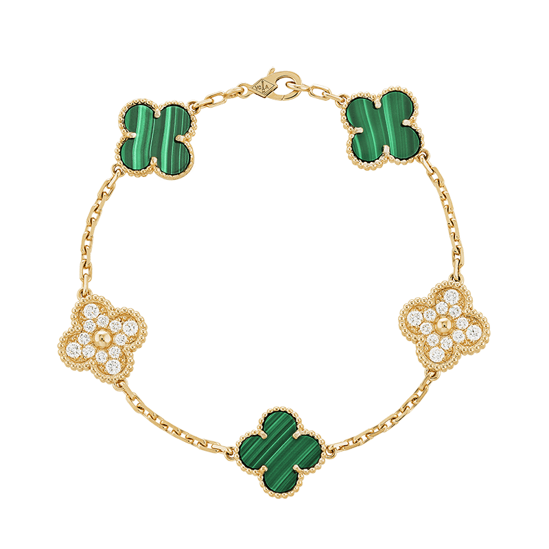 18K Vintage Alhambra Five Motifs Malachite Diamonds Clover Bracelet
