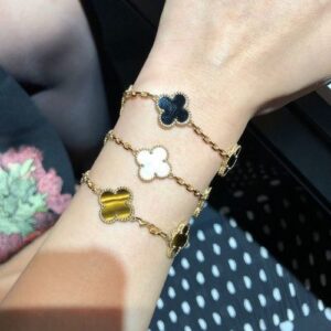 Click to view full screen 18K Vintage Alhambra Five Motifs Tiger Eye Bracelet photo review