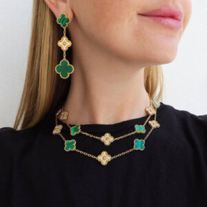 Click to view full screen 18K Magic Alhambra Three Malachite Motifs Clover Earrings photo review